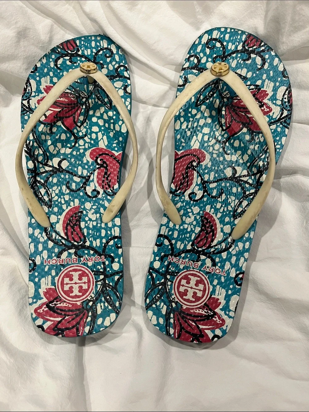 Tory Burch Teal Floral Print Flip Flop Sandals with Cream Straps and Gold Logo